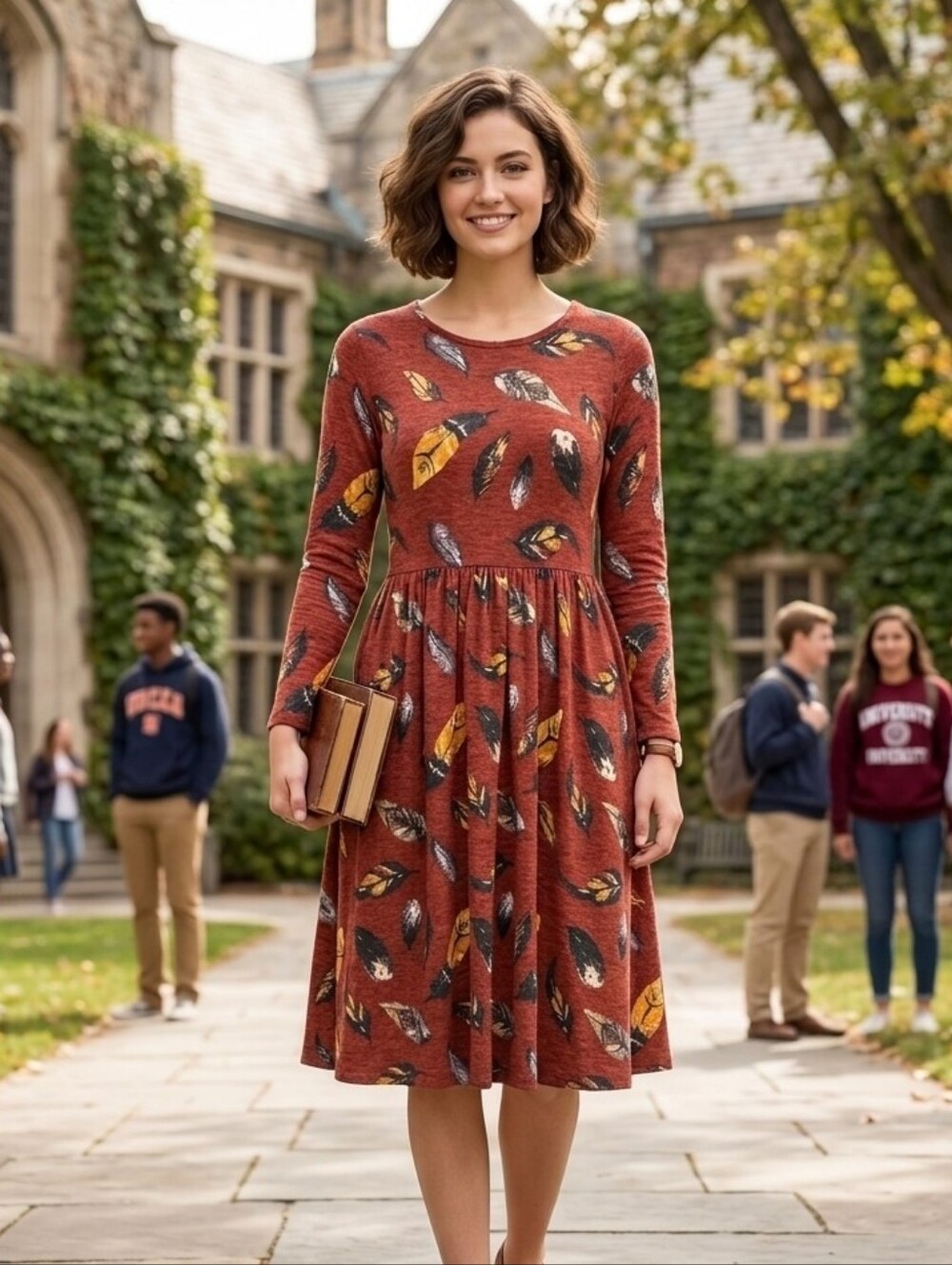 Reborn J Rust and Mustard Feather-Pattern Midi Dress